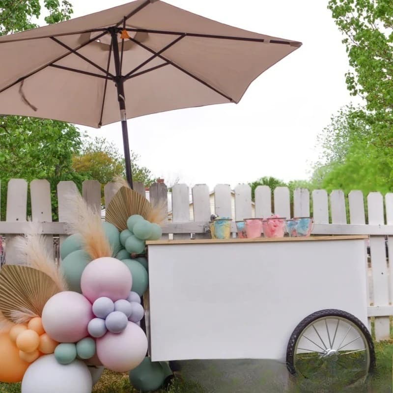 Mobile booth snack display stand, wooden cart food display tricycle