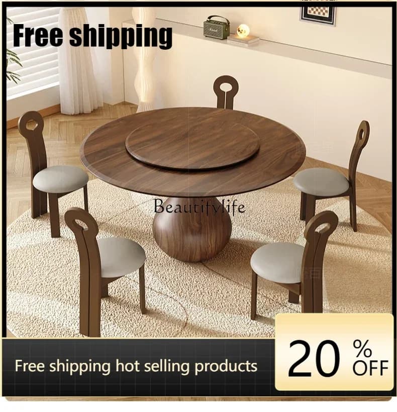 X4 Solid wood dining table round retro style Nordic simple with turntable household dining table