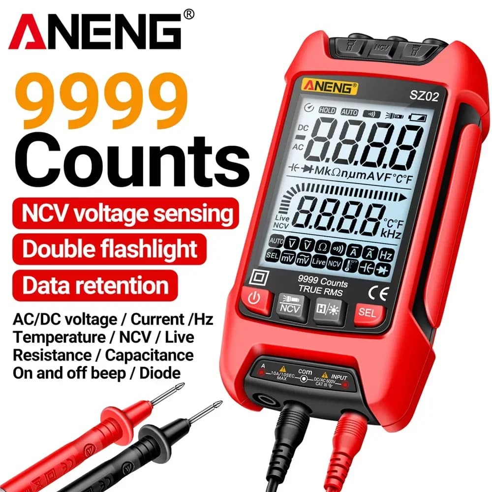 ANENG SZ02 Digital Multimeter 9999 Counts AC DC Voltage Current Temp Capacitance NCV Zero Live Wire Tester HD Backlight Dual