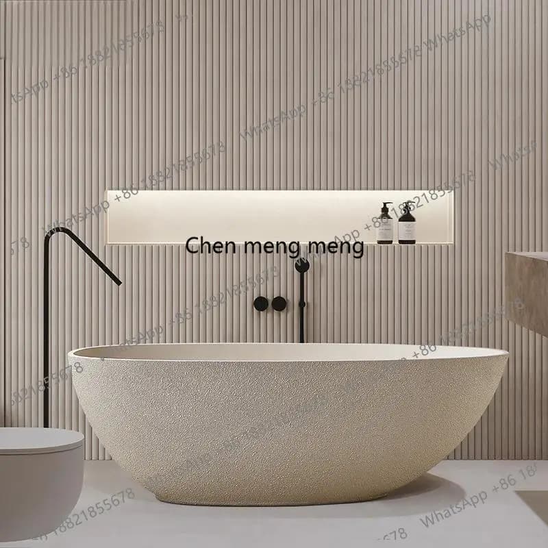 "Japanese Wabi Sabi Cream Egg-shaped Bathtub - Freestanding Designer Stone Tub for Luxury Hotel & Minimalist Villa"