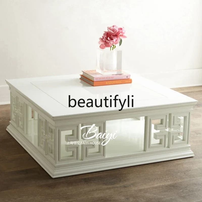 E182 American rural solid wood coffee table simple European square white living room square coffee table light luxury furniture