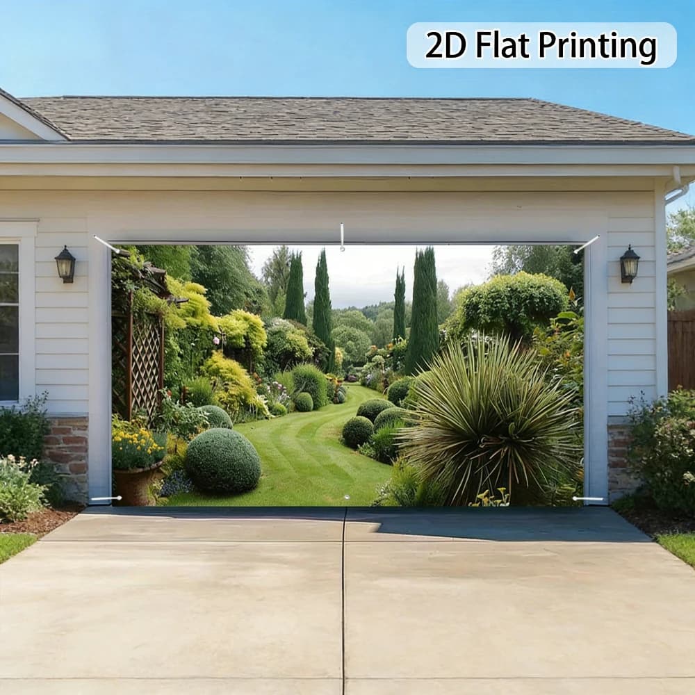 2D FLAT 1pc Garage Door Banner, Lush Garden Oasis Design for Garage Doors, Vibrant & Long-Lasting, Easy to Hang, Polyester