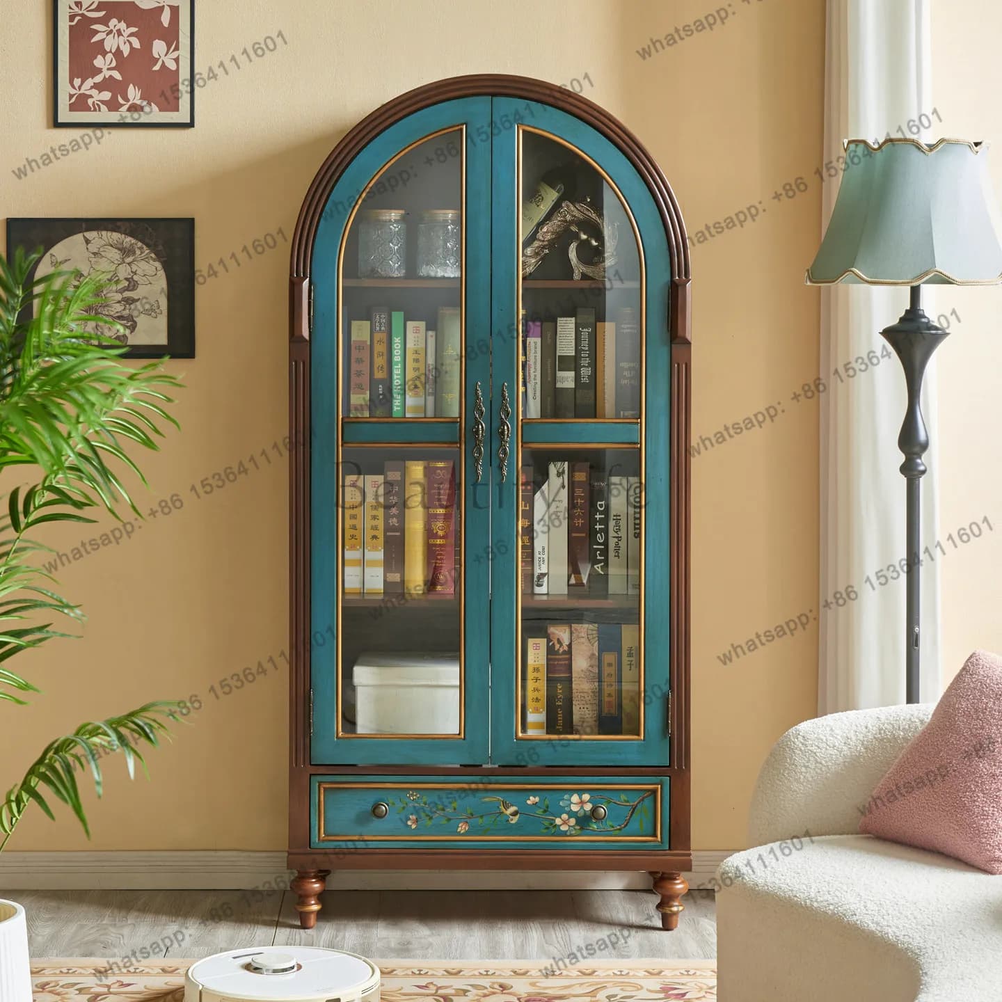 American solid wood glass door display cabinet bookshelf file cabinet two doors painted retro furniture