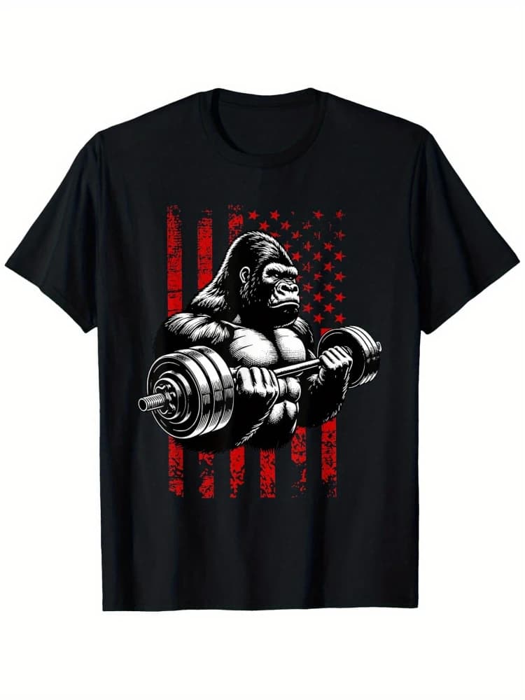 Gorilla Weightlifting USA Flag Graphic -100% cotton summer casual short sleeve O-neck printed men's T-shirt.