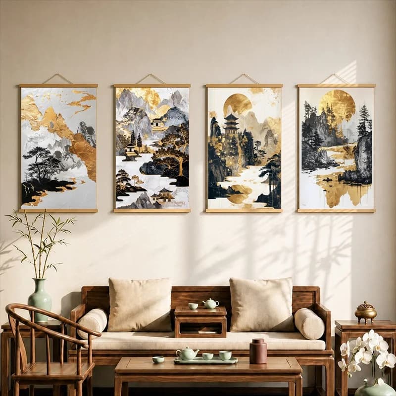 Wall Art Golden Mountain River Panorama, Oriental Luxury Pearlescent Canvas Hanging Scroll with Wooden Rods for Living Room