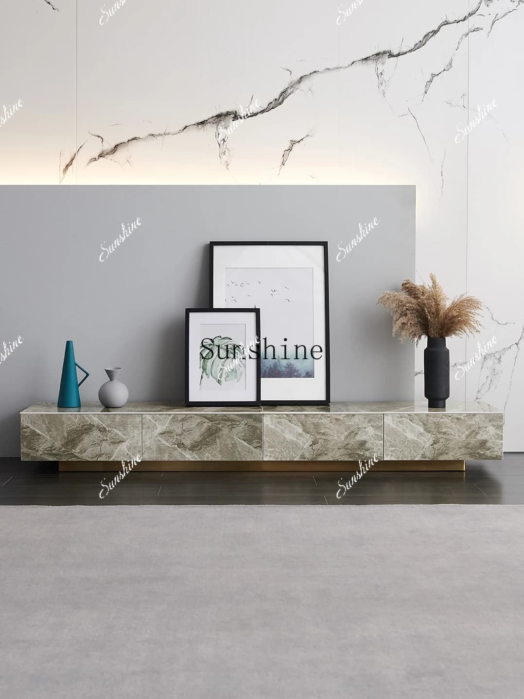 Light luxury super long rock slab TV cabinet coffee table combination modern simple marble floor cabinet  FT
