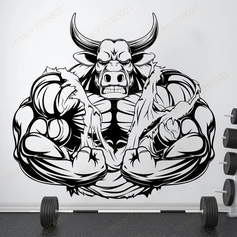Gym Wall Sticker Bull Muscle Fitness Studio Sign Decals Vinyl Art Decor Home GYM Motivation Exercise Poster Modern Murals S576