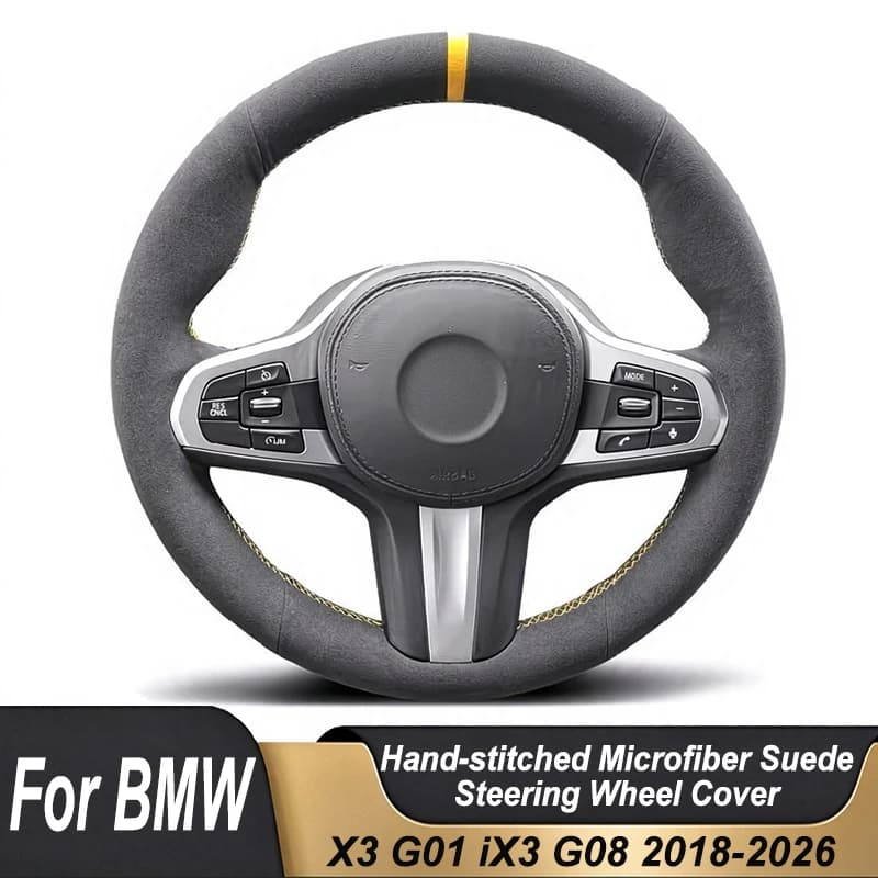Custom Hand Stitched Black Microfiber Suede Car Steering Wheel Cover For BMW X3 G01 iX3 G08 2018-2026 Non-slip Interior Parts