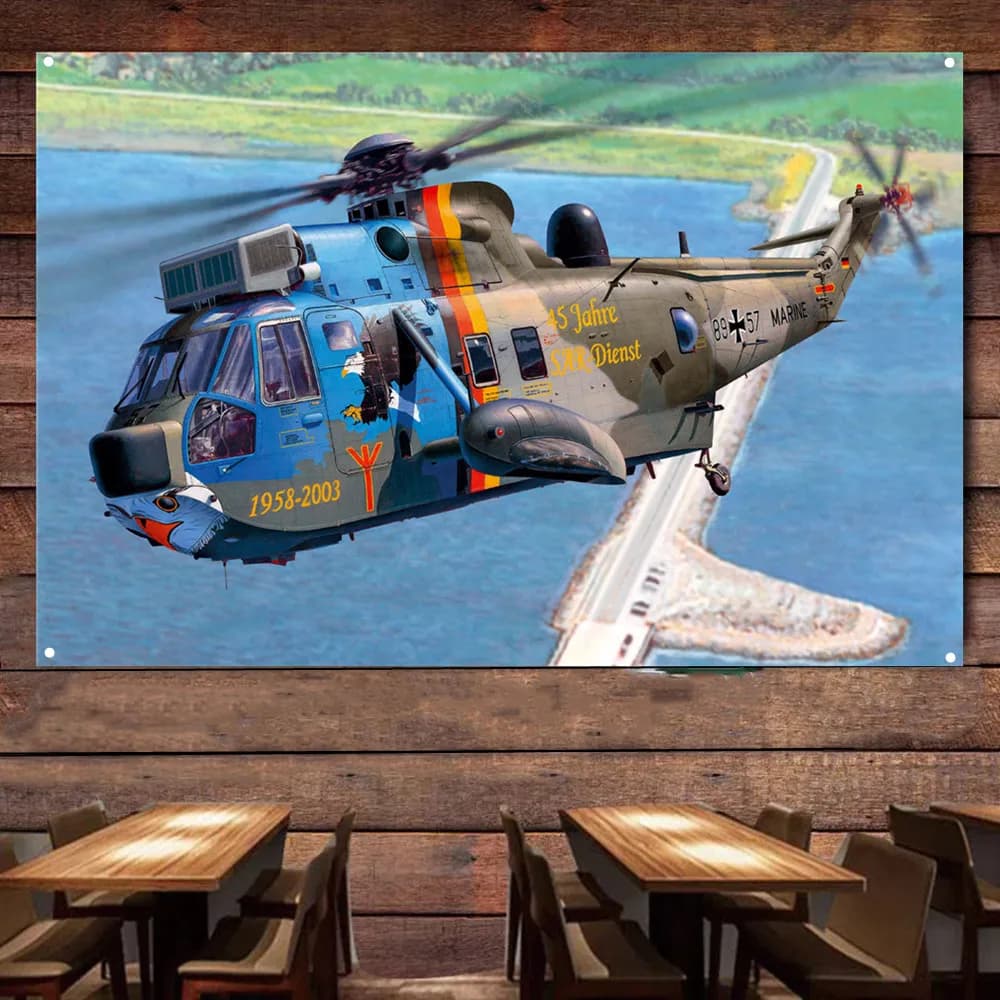 Mk.41 Sea King Attack Helicopter Wall Art Flag Tapestry - Aviation Military Art Posters Wall Decor Banner - Gift for Army Fans