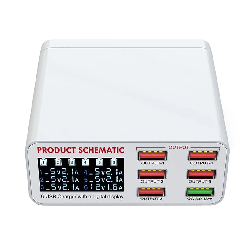896 6-Port USB LCD Display+QC3.0 40W Fast Charger with Engine for Mobile Phones/Tablets/Laptops