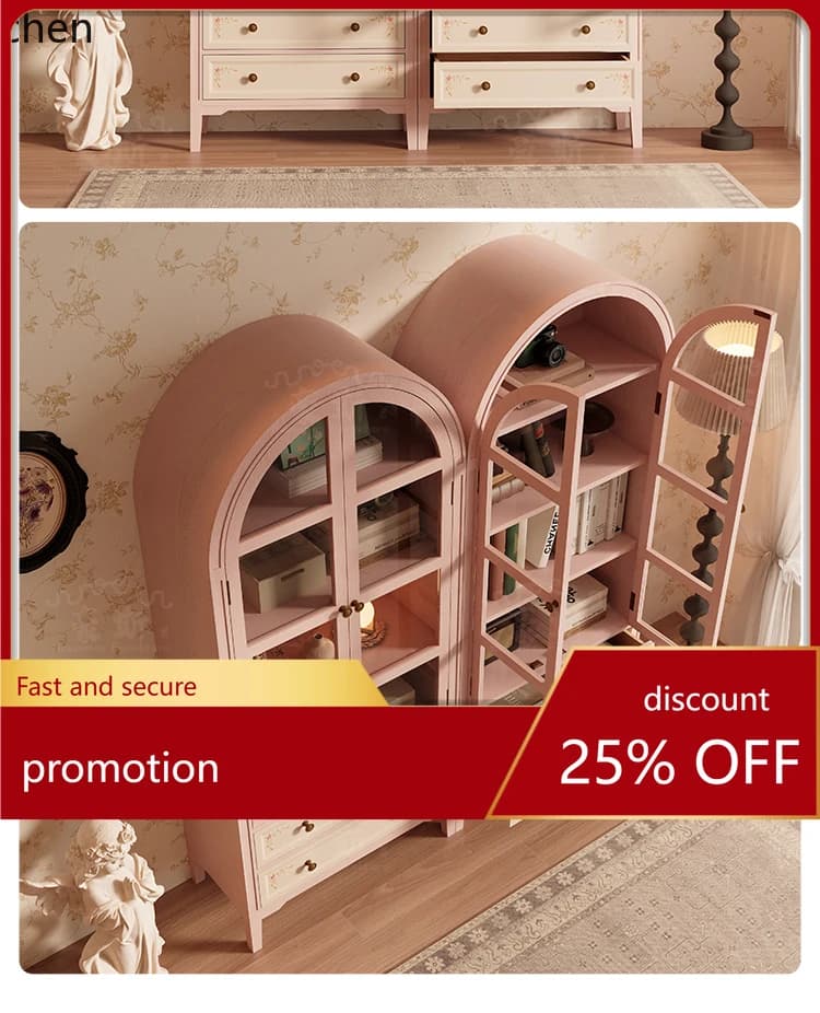 ZML Hand-Painted Arched Glass Dustproof Bookcase for Living Room and Study Home Display Storage Cabinet