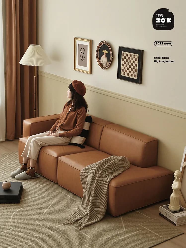 S1  Danish Design | Nordic Light Luxury Ecological Leather Vintage Tofu Block Sofa Three-Seat