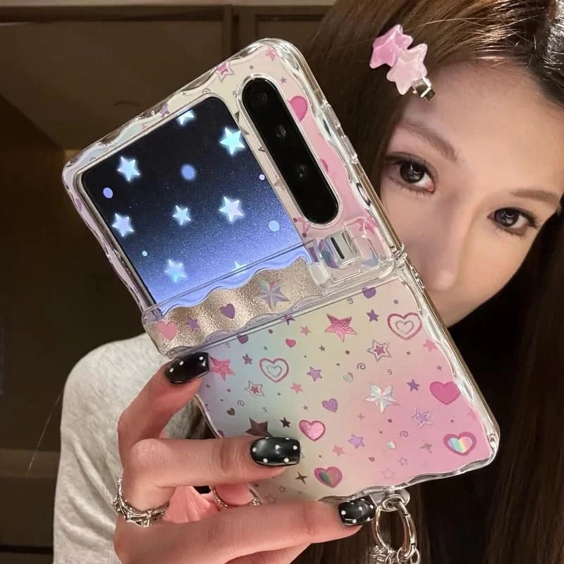 Cute Pink Star Flip Case For Samsung Z Flip7 6 5 Xiaomi Mix Flip Oppo Find N3 Flip Phone Cases Kawaii Grils Cover