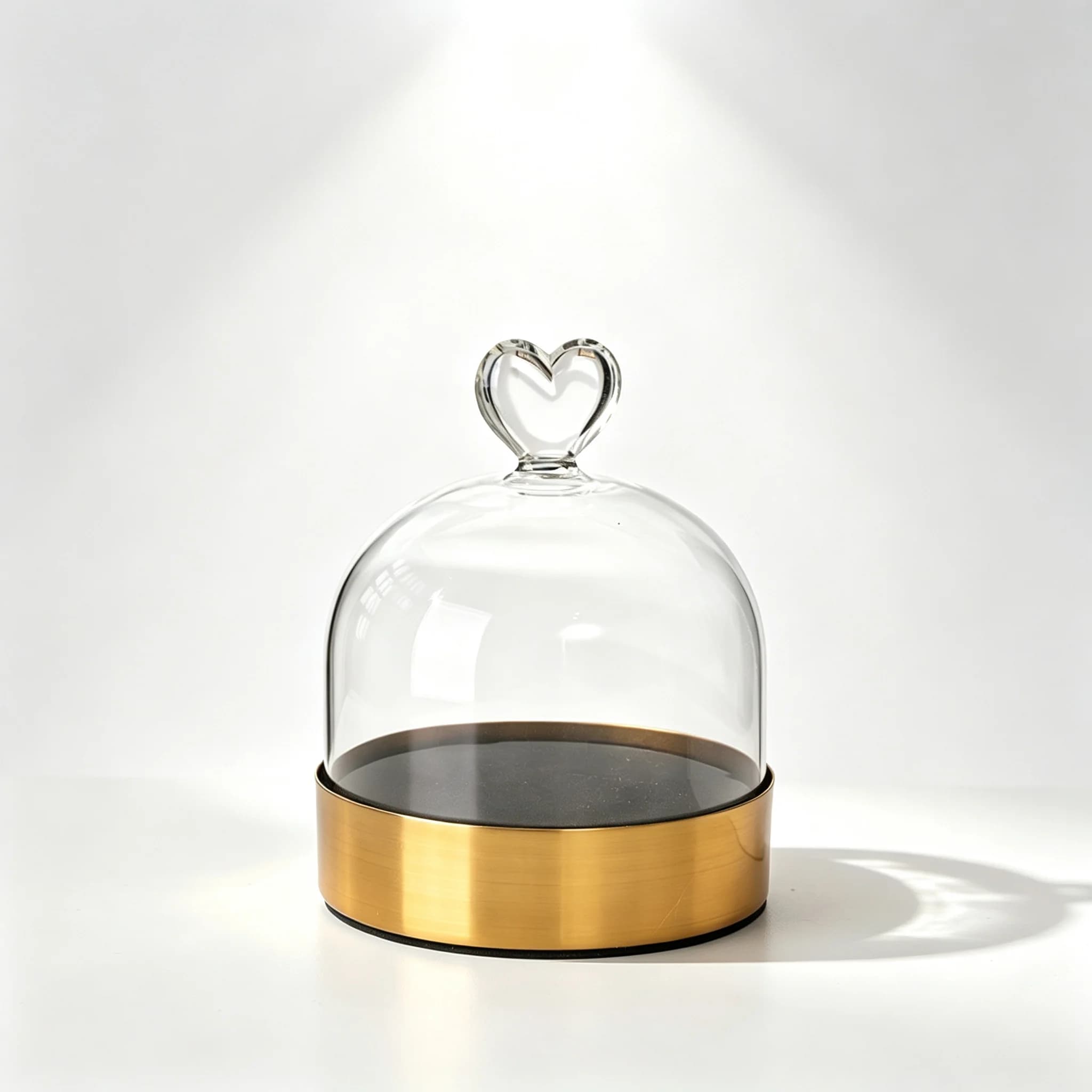 Glass Cloche Bell Jar with Heart‑Shape Handle Golden Metal Base Clear Display Dome for Preserved Eternal Flower Figurine Crafts