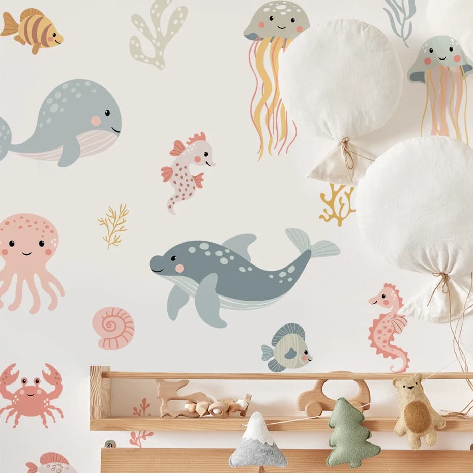Watercolor Marine Animals Whale Dolphin Wall Stickers Baby Room Wall Decoration Children Room Decor Bedroom Living Room