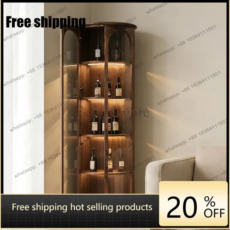 YJ New Chinese North American Black Walnut Round Wine Cabinet Double Door Glass Display Cabinet With LED Light
