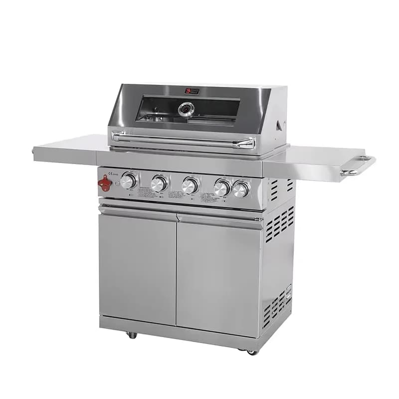 304 Stainless Steel Standalone 4+1 Burner Gas Barbecue Grill With Infrared Backburner, Glass Window, And Rotating Grill Plate