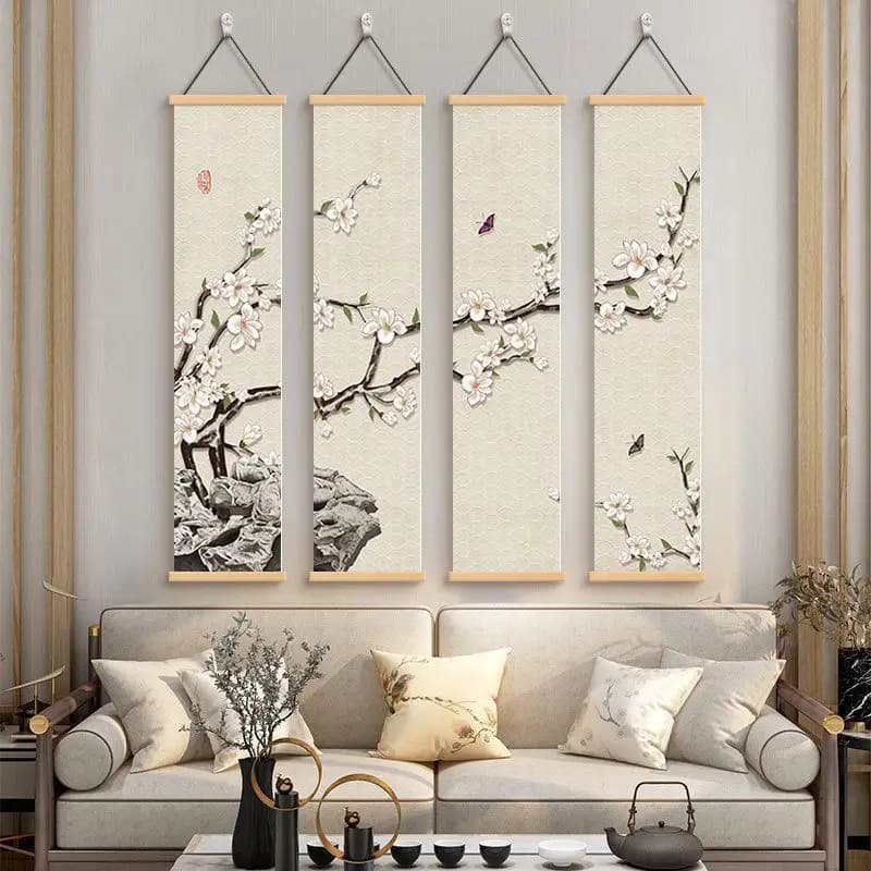 4Pcs Set Chinese Style Flower Bird Scroll Wall Art, Blossom Branch Hanging Painting, Sofa Background Tea Room Study Decor