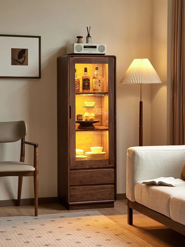 Black Walnut Wine Cabinet Nordic Simple Solid Wood Vertical Cabinet Home Living Room Glass Display Locker