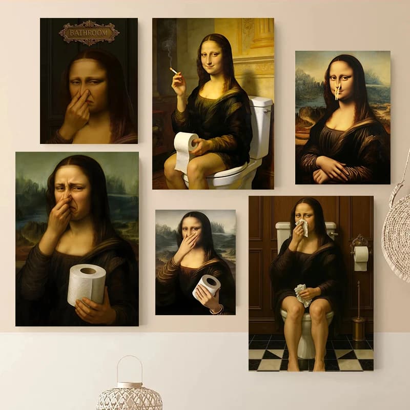 Mona Lisa Bathroom Wall Art Poster Prints, Fun Mona Lisa Handheld Toilet Paper Canvas Wall Art for Toilet Bathroom Home Decor