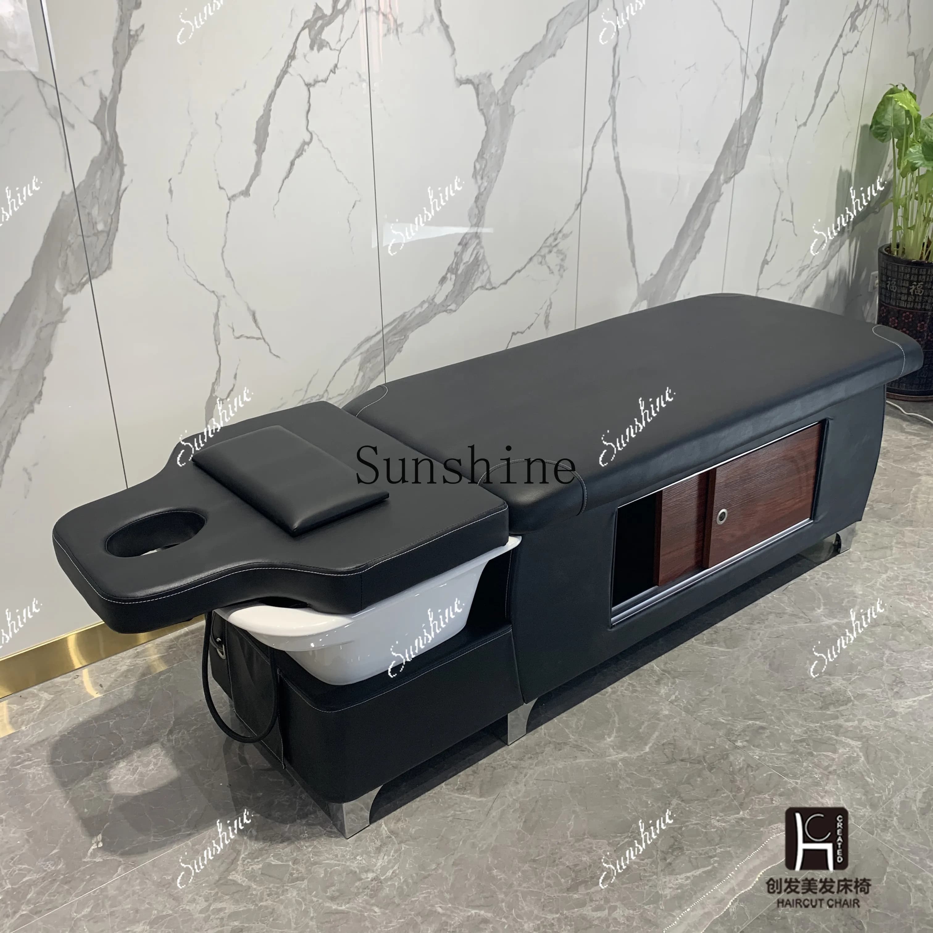 Barber shop shampoo bed solid wood full lying hair salon special Thai ceramic basin FT