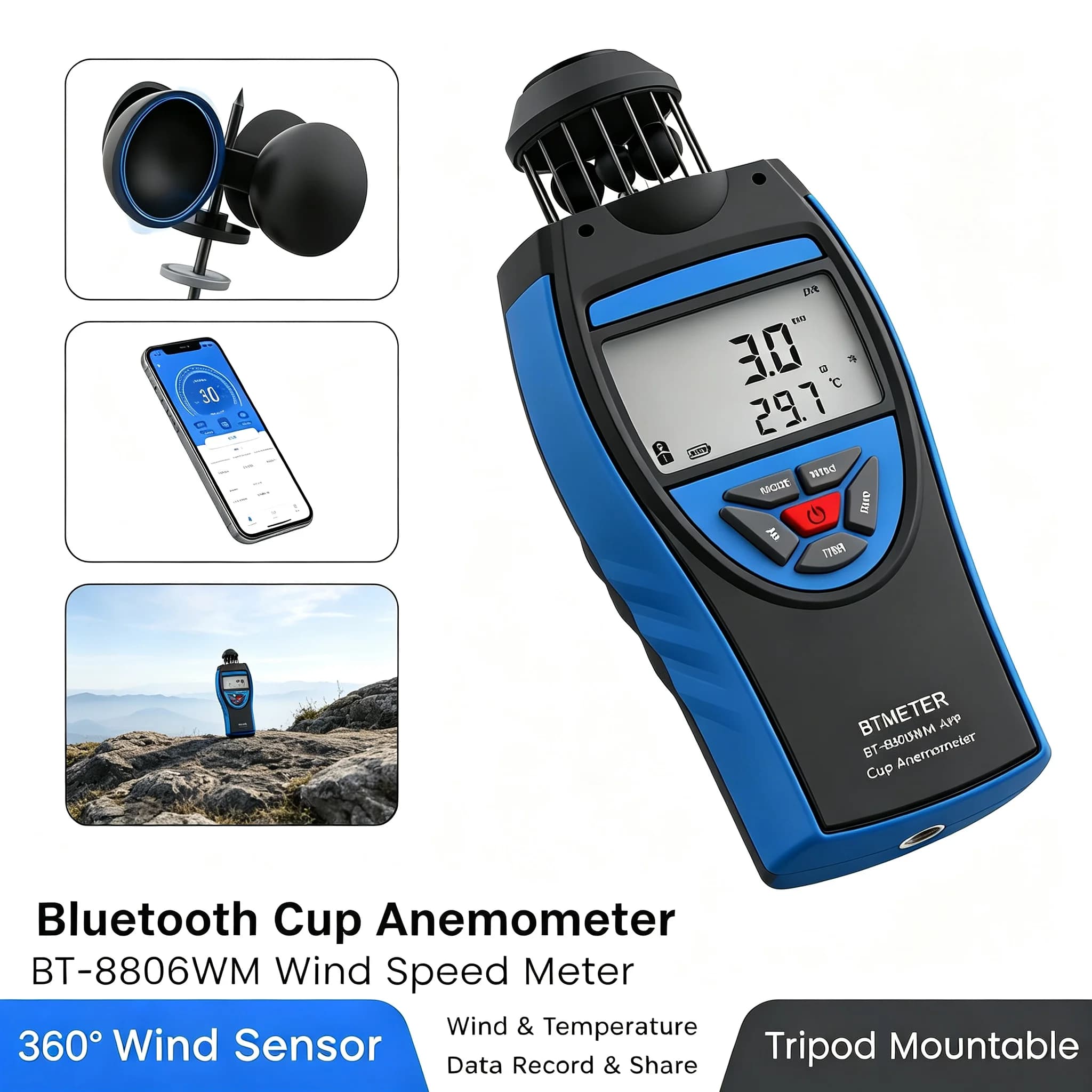 BT-8806WM-APP Digital Anemometer Wind Speed Meter Barometer Altitude Humidity Tester with APP