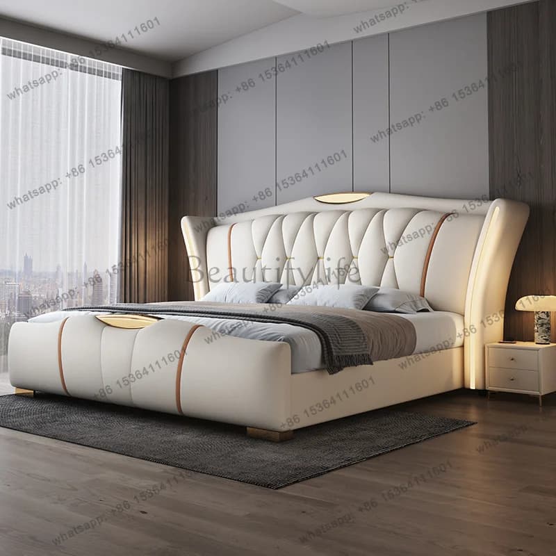 FG Floor Luxury Leather Bed European Design Wooden Storage Space Saving Bed Bedroom Double Frame Letto Matrimoniale Home Furnitu