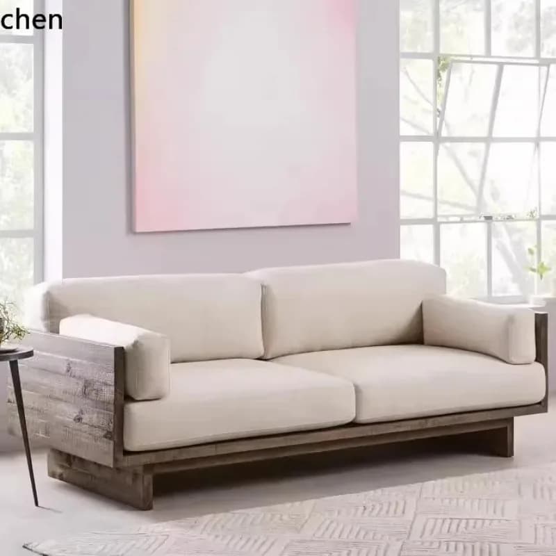 SA-10  Vintage Solid Wood Sofa Set In Wabi-Sabi Style For B&Bs And Hotels, Fabric Sofa With Natural Wood Frame