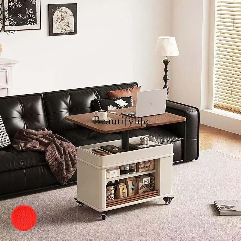 09*Mobile folding coffee table lifting solid wood living room walnut multi-functional cart