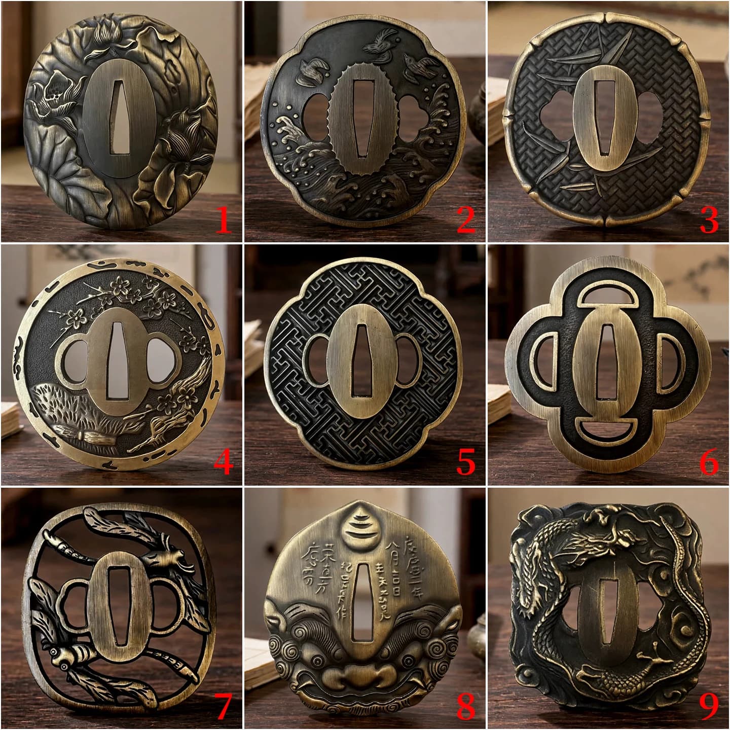9 Styles Japanese Tsuba Sword Guard Alloy Tsuba Lotus Wave Bamboo Plum Dragon Lion Dragonfly Pattern Antique Bronze Katana Parts