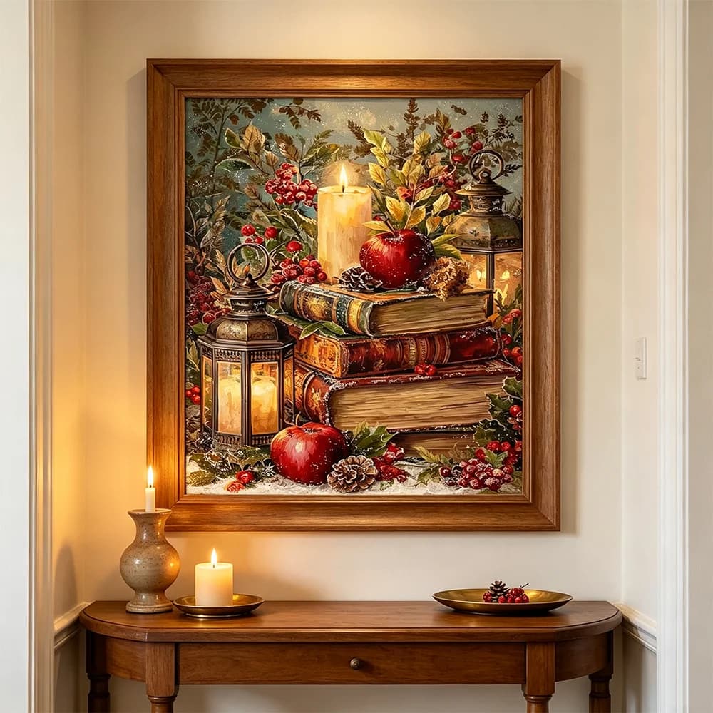 Retro Vintage Christmas Book Wall Art Canvas Painting, Xmas Candle Poster Prints for Living Room Home Decor HD Printing Picture