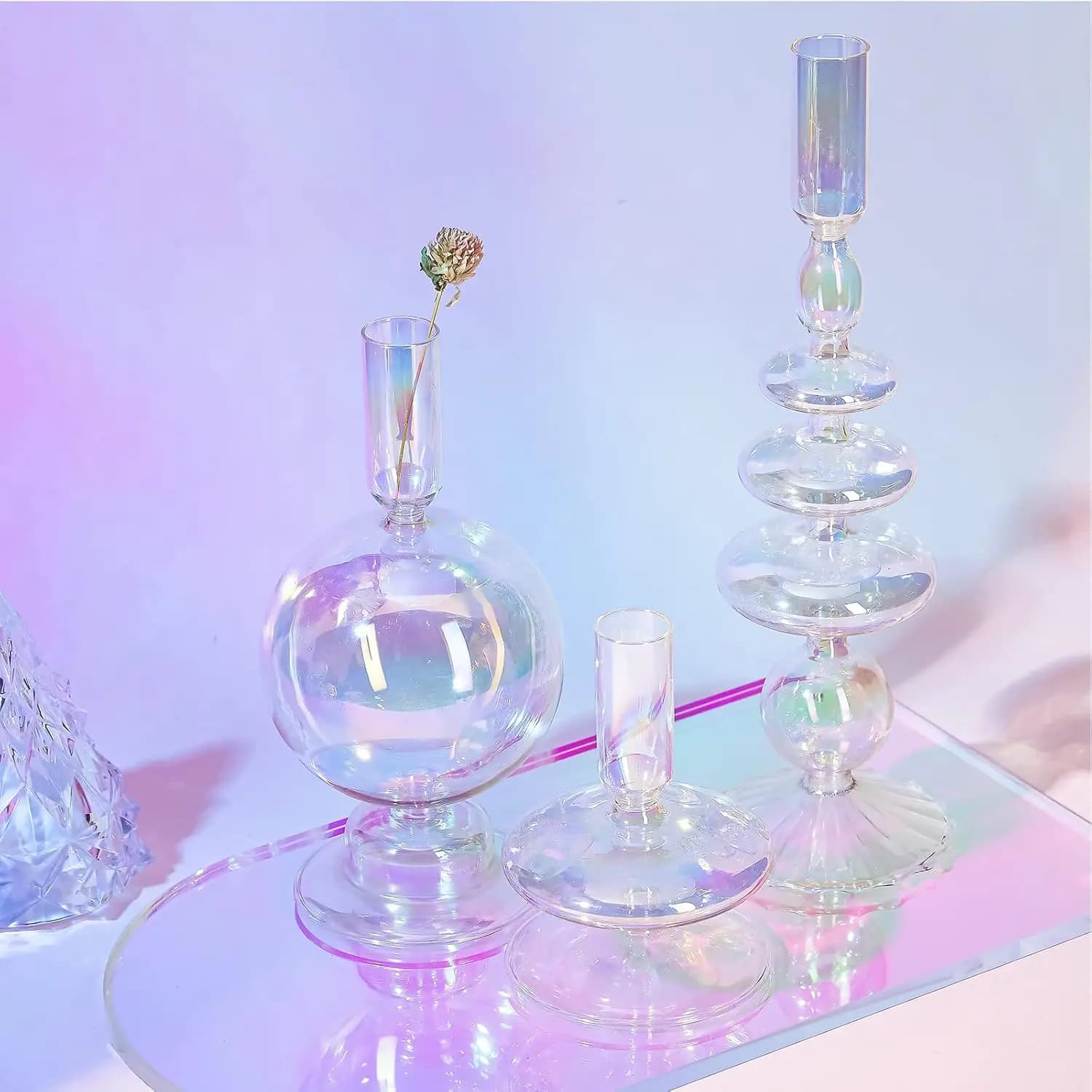Colored Glass Taper Candle Holder Iridescent Vintage Candlestick for Dining Table Wedding Home Decor, 6 Colors