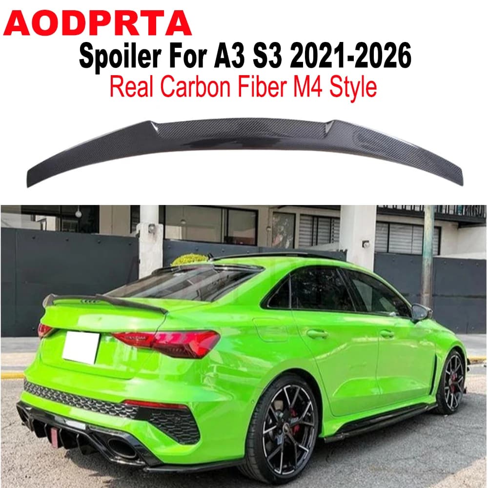 High Kick M4 Style Real Carbon Fiber Rear Boot Trunk Wing Spoiler For Audi A3 S3 RS3 2021 2022 2023 2024 2025 2026