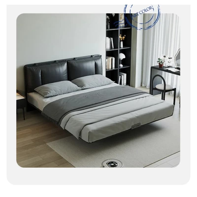 New Italian minimalist suspension carbon steel bed master bedroom double  soft bag leather 0 glue