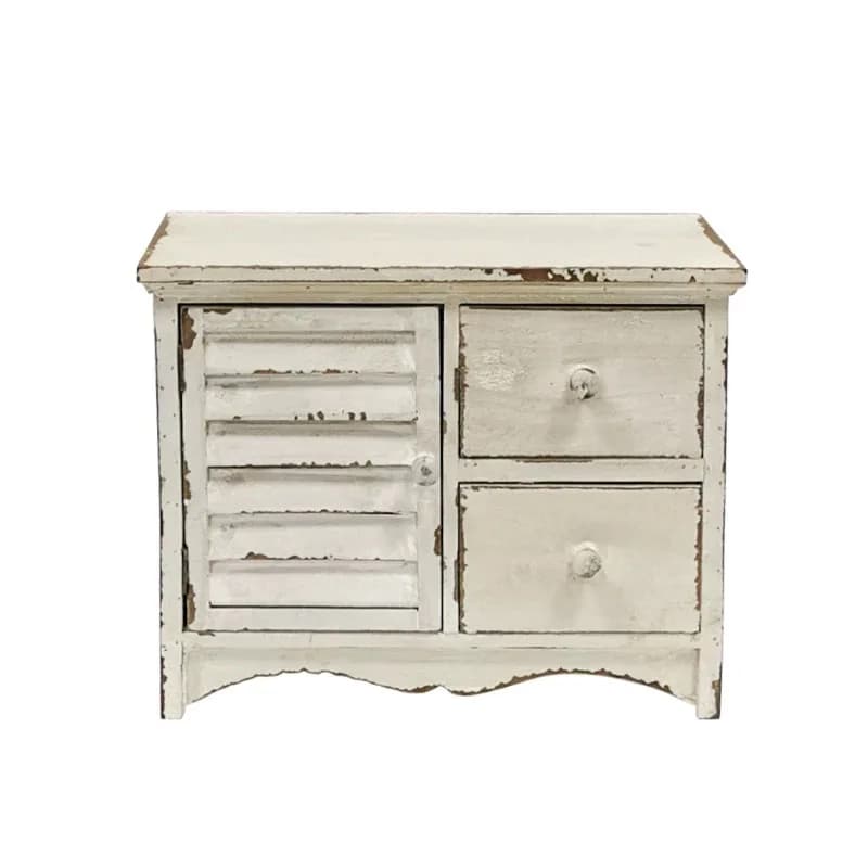 Vintage Distressed White Wooden Mini Cabinet with Drawers, Rustic Farmhouse Tabletop Storage Organizer for Home Decor