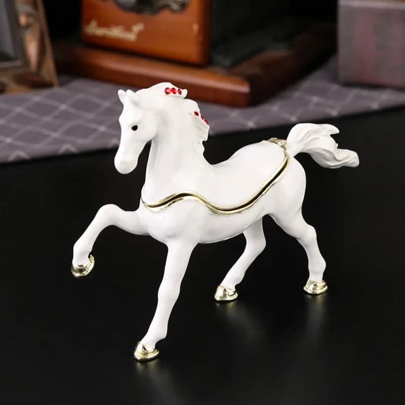 White Dragon Horse Enamel White Pebble Jewelry Box, Souvenir Box, Pill Box, Horse Statue Gift