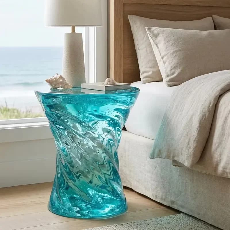 Premium Modern Contemporary Coastal Turquoise Crystal Resin Twisted Wave Sculptural Nightstand Side Table for Bedroom Home
