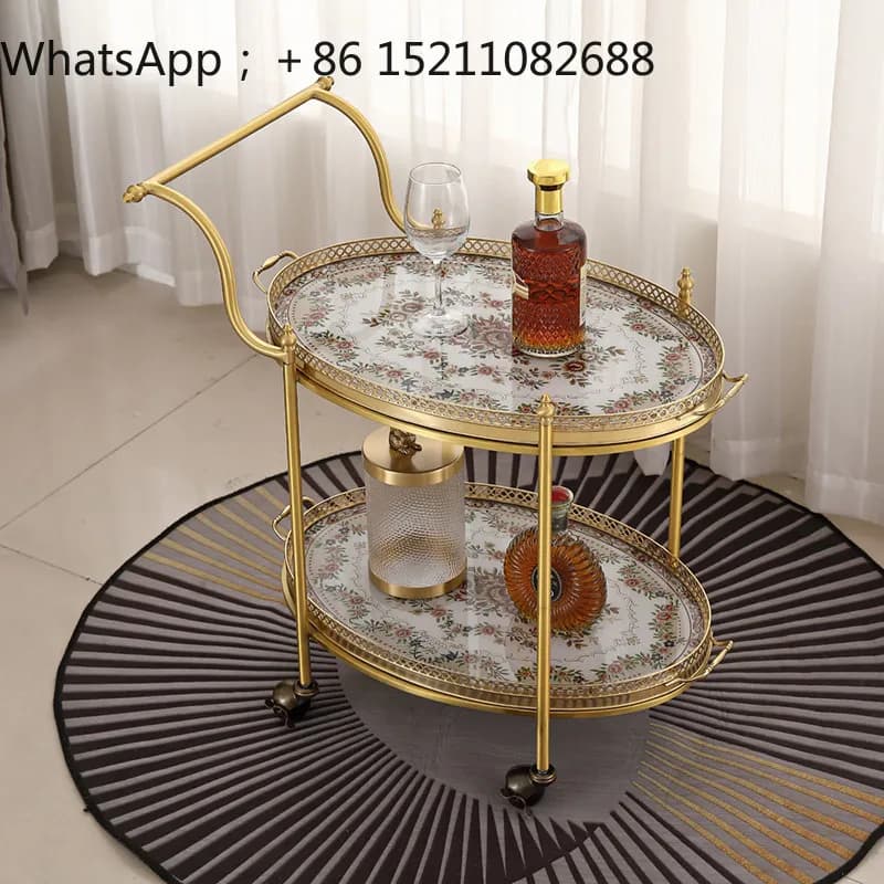 LLY light luxury brass oval double-layer movable coffee table trolley home living room rack with wheel edge dining car
