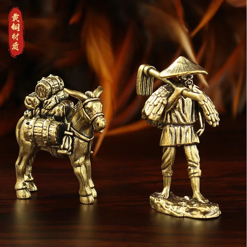 Brass farmer in a straw raincoat, figurine depicting a small donkey, creative Zen- desk ornament, Chinese-style nostalgic d