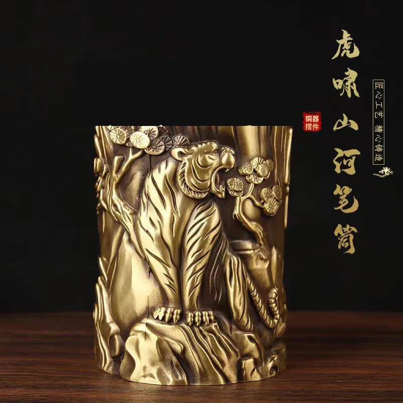 Brass Tiger Roaring Mountain River Holder, Home and Office Decorative Pen Stand, Gift Ornament