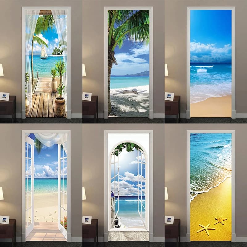Door Sticker Wallpaper Self-adhesive Decoration Poster Full Cover On Whole For Bath Bedroom Door  Beach Landscape