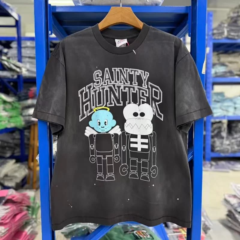Trendy Cartoon Letters Slogan Print Crew Neck Washed Short-Sleeve T-Shirt Summer Hip-Hop Oversized SAINT Tee
