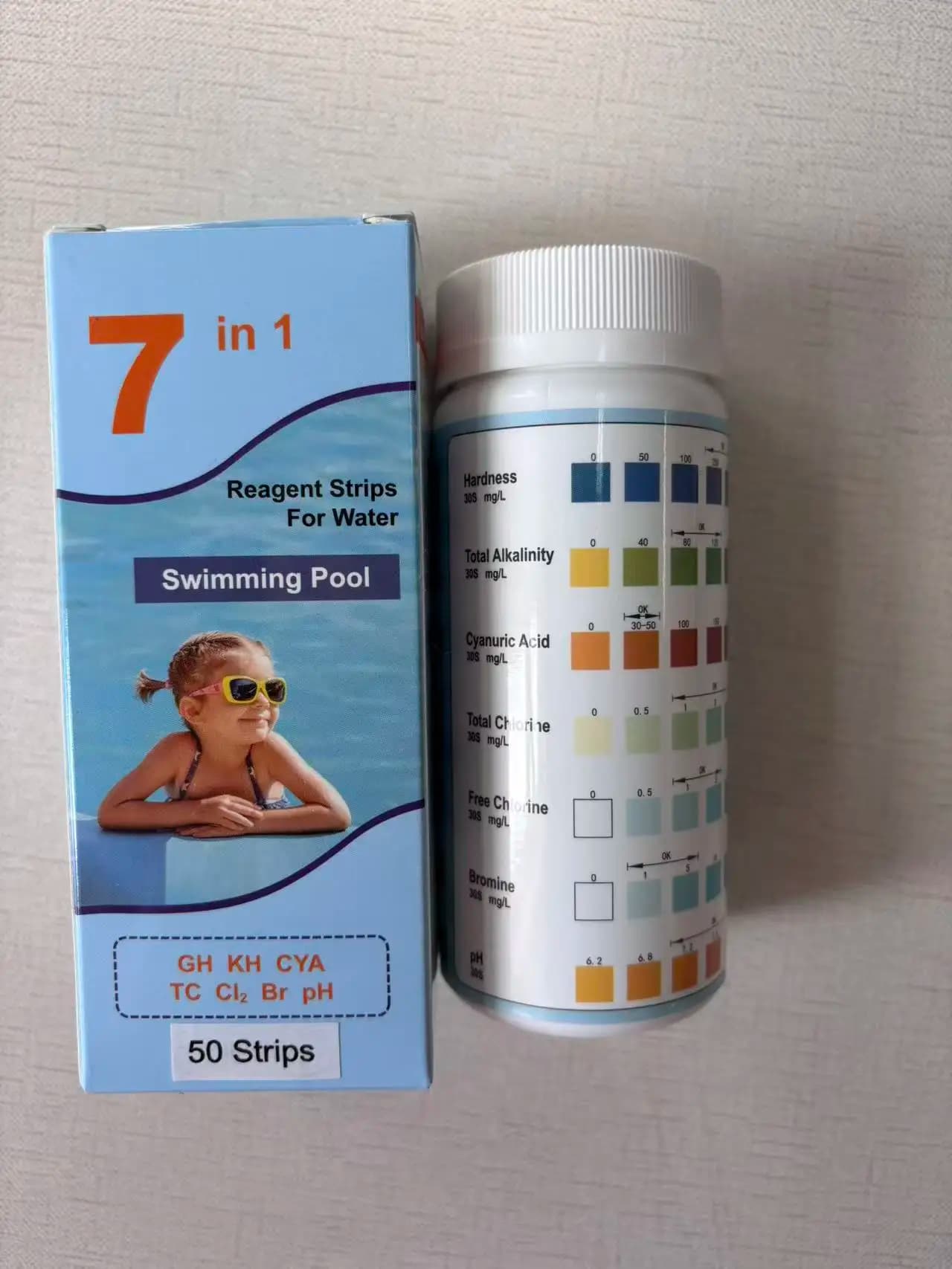 100pcs Multipurpose 7 in 1 PH and Chlorine Test Strips SPA Swimming Pool Water Tester Paper Hardness Tool