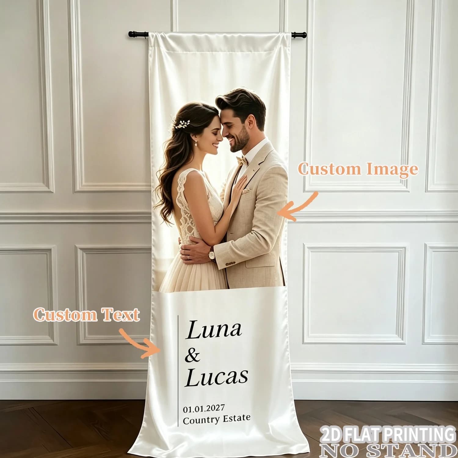 1pc Custom Wedding Party Banner - Personalized Bride and Groom with Photo/Name/Date/Text -Top with A Rod Pocket - Easy Hanging