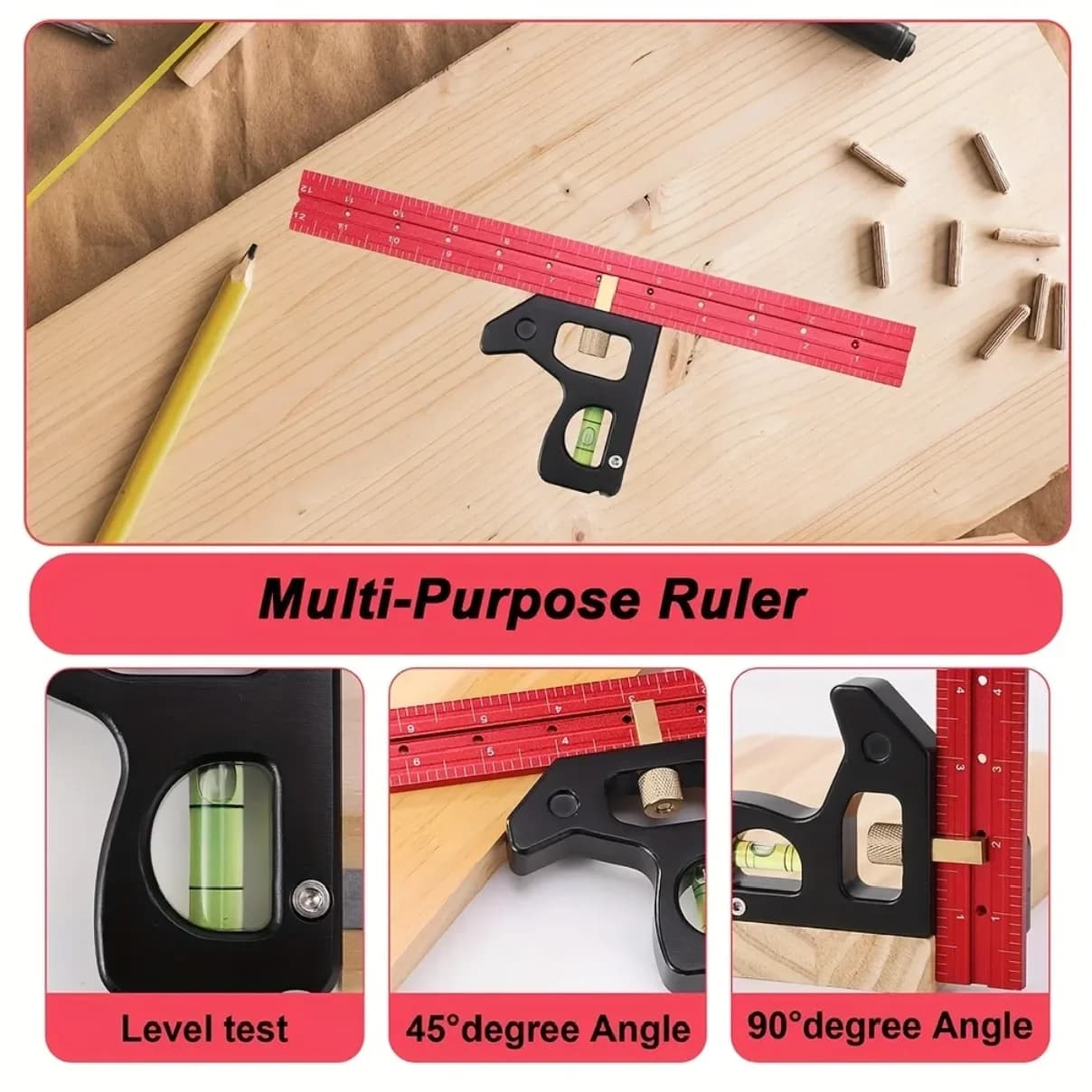 XMSJ 300mm Aluminum Alloy Multi-Functional Angle Ruler W/ Level Bubble, Ergonomic Handle for Accurate Carpentry Home Improvement