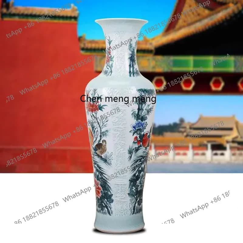 Jingdezhen ceramics large vase, living room floor engraving hand-painted porcelain vase decorative ornament