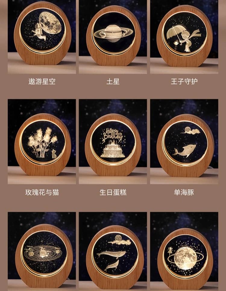NEW 3D Carved Luminous Crystal Night Light Wooden Base Desktop Decoration Ornament Birthday Gift for Friends