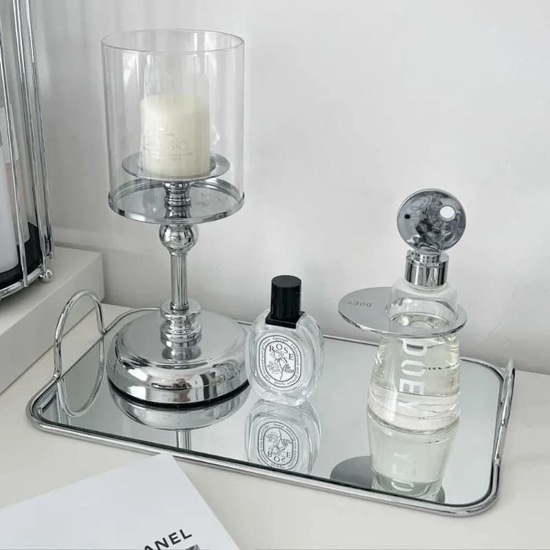 Nordic Luxury Mirror Glass Tray Metallic Silver Organizer Minimalist Table Decor for Photography Props Modern Home Centerpiece