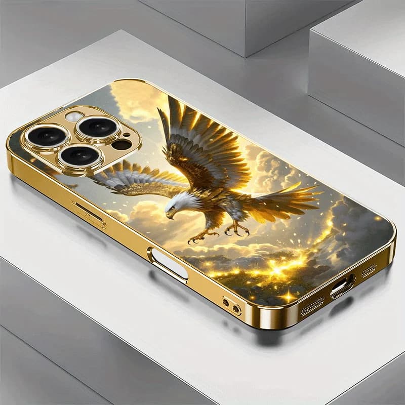 The gold eagle pattern electroplated glass phone case, suitable for iPhone 17, 16, 15, 14, 13, 12, 11, etc.