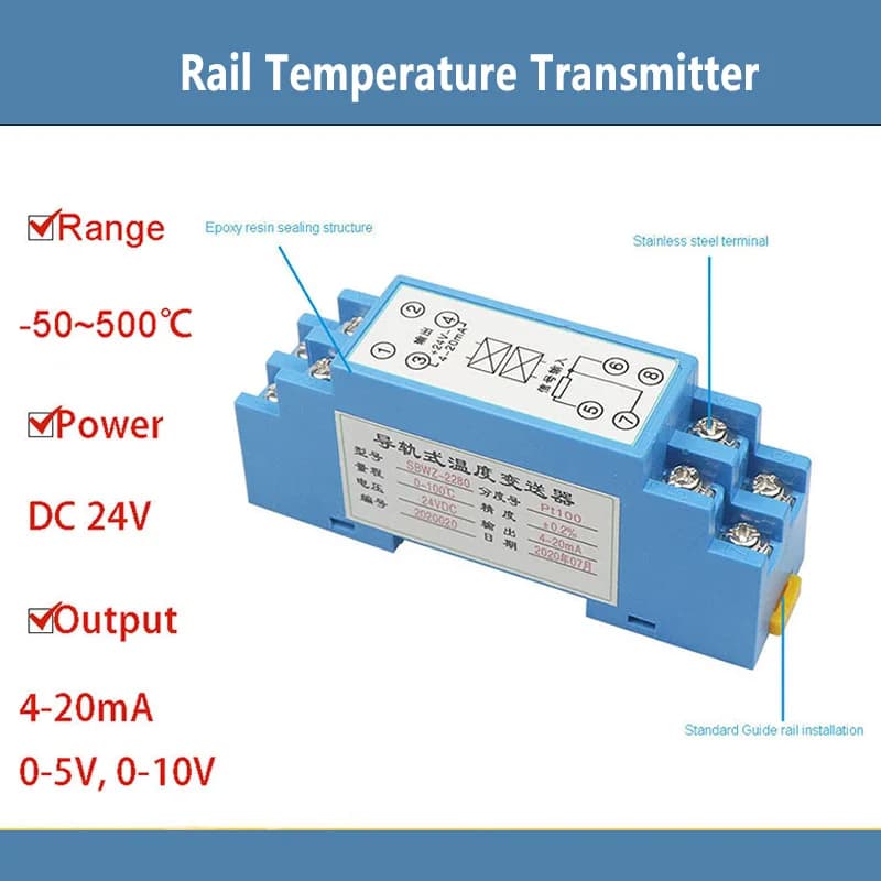 Rail Temperature Transmitter PT100 0.2 DIN Temperature Transmitter Module 24V 4-20mA Output SBWZ-2280